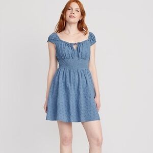 Old Navy Waist Defined Light Blue Mini Dress with Smocked Detail and Tie Front